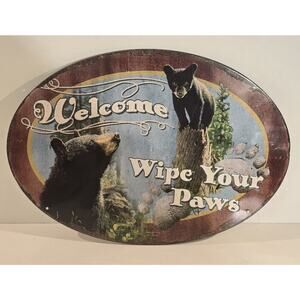 Welcome Wipe Your Paws Bear Metal Wall Sign – Rustic Cabin Lodge Décor